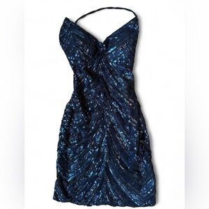 Blue Sequin Mini Dress Tie Back Bodycon Size Small